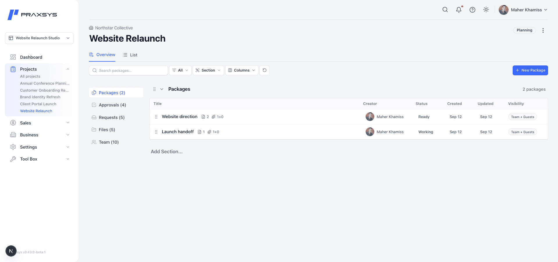Website direction and Launch handoff Packages, with document and attachment counts and Ready or Working status.