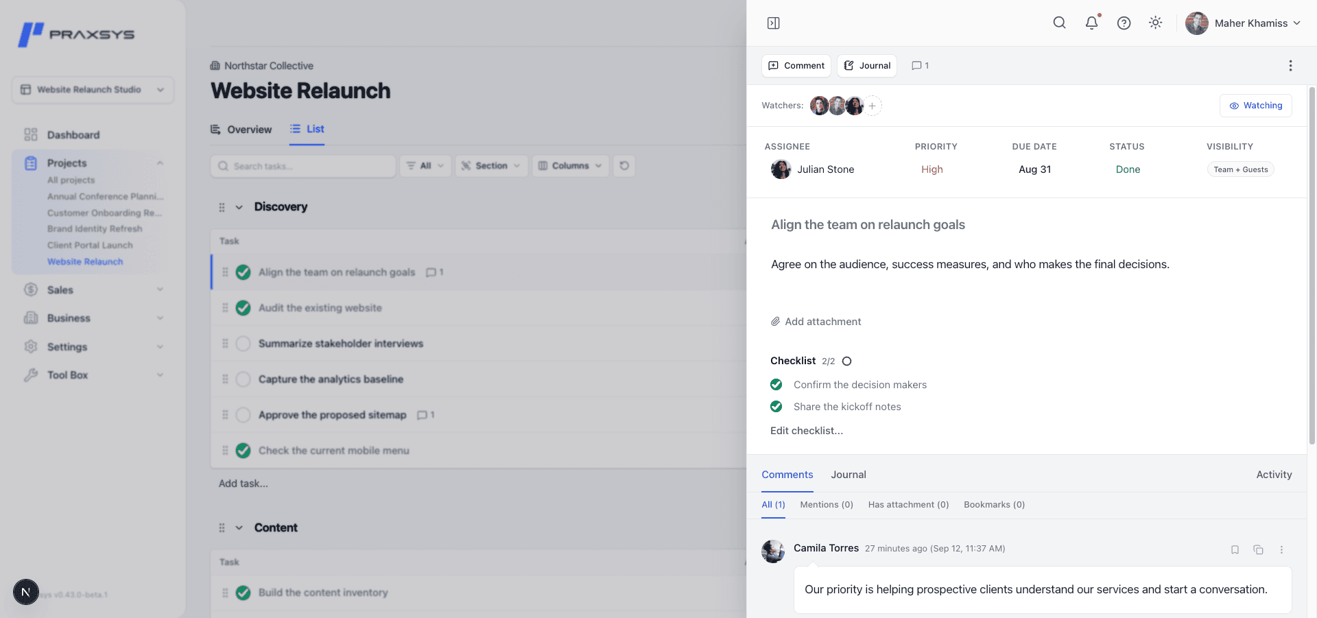 A project task with an assignee, due date, completed checklist, and team discussion.