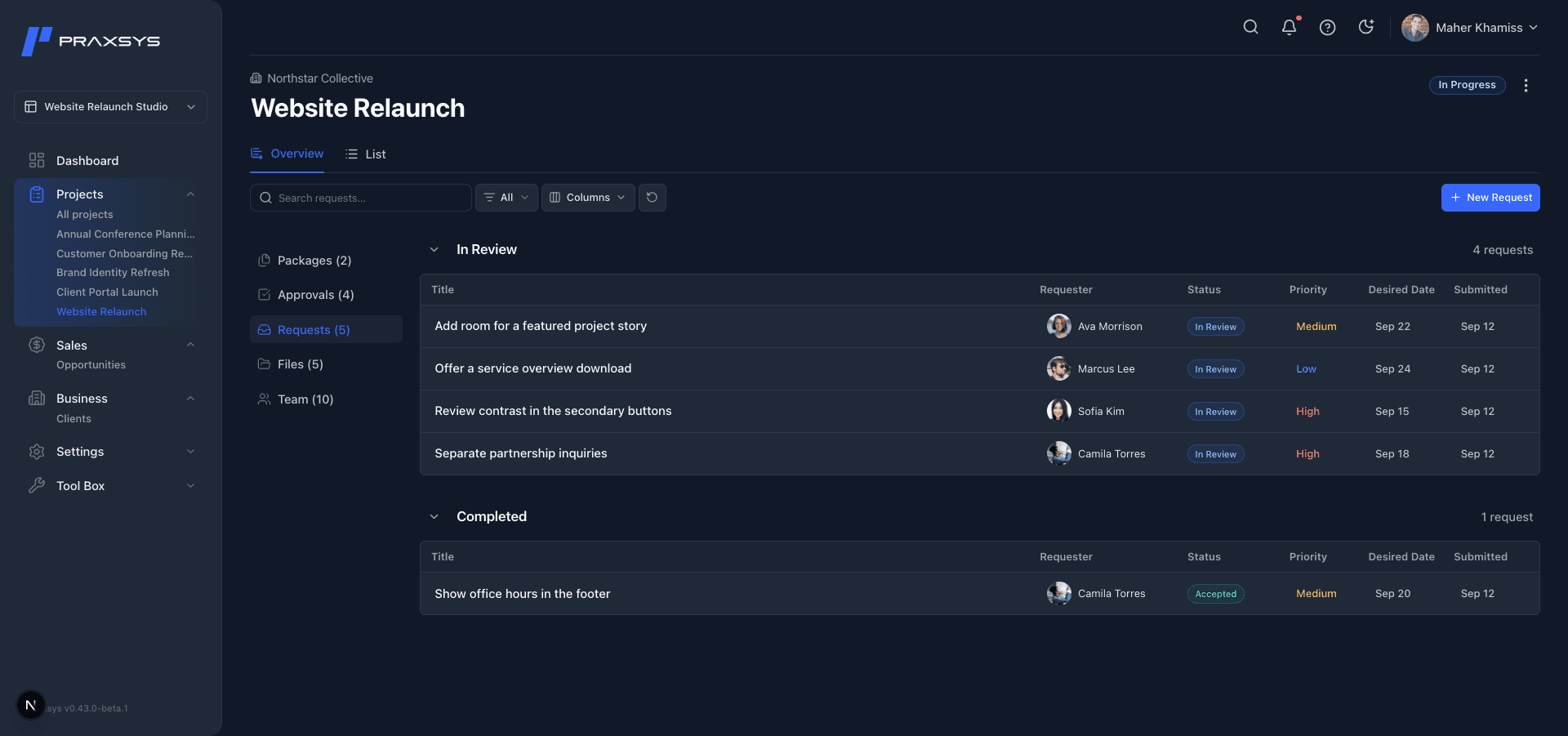 Project Requests grouped into In Review and Completed, including an Accepted request and each request’s priority.