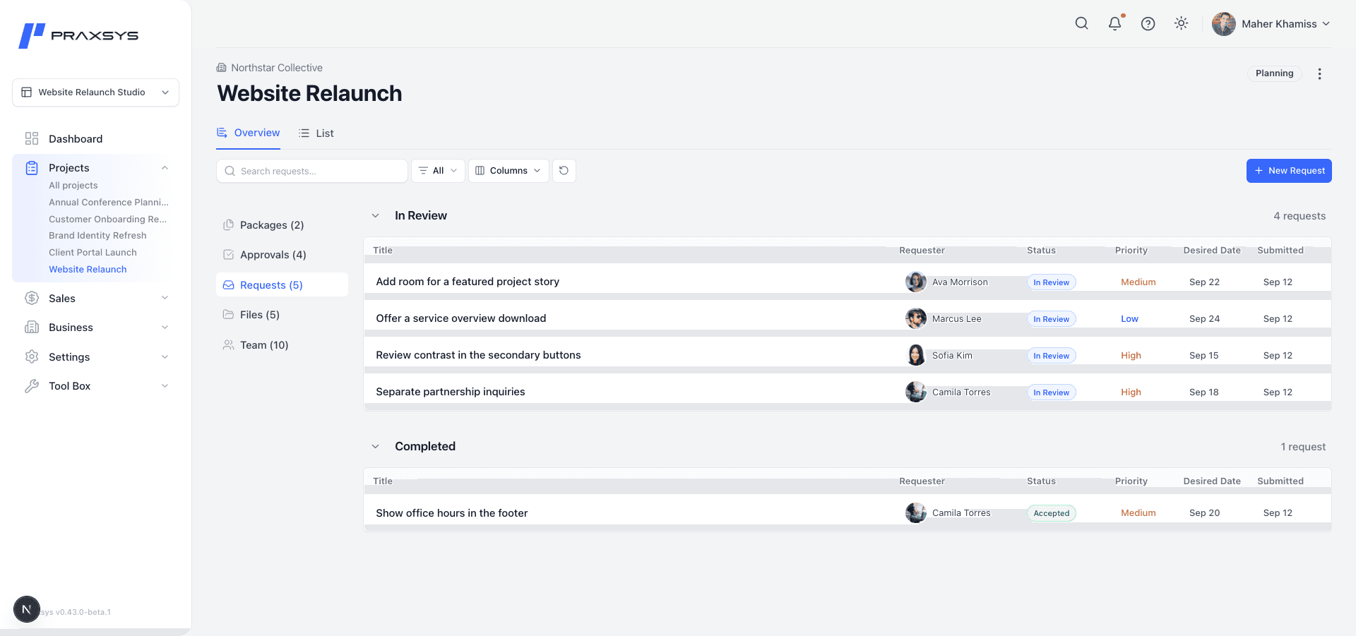 Project Requests grouped into In Review and Completed, including an Accepted request and each request’s priority.