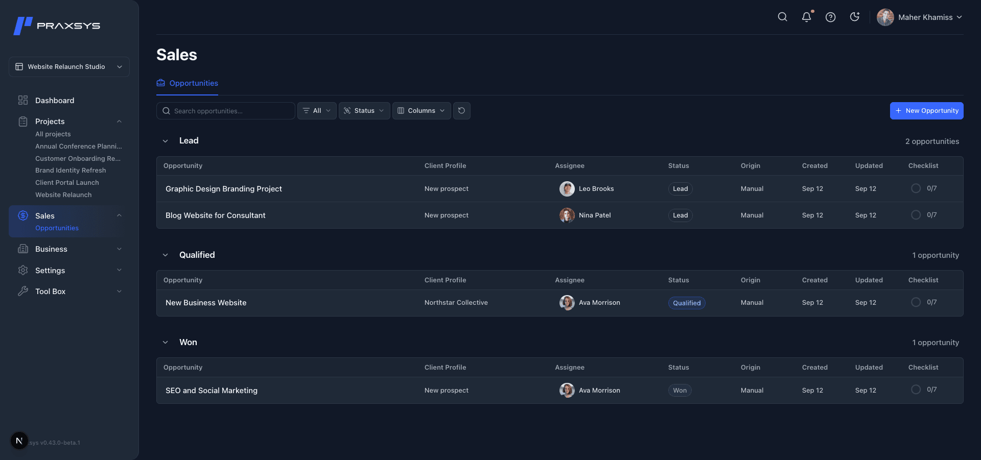 Sales Opportunities grouped into Lead, Qualified, and Won, with their associated clients, assignees, and statuses.