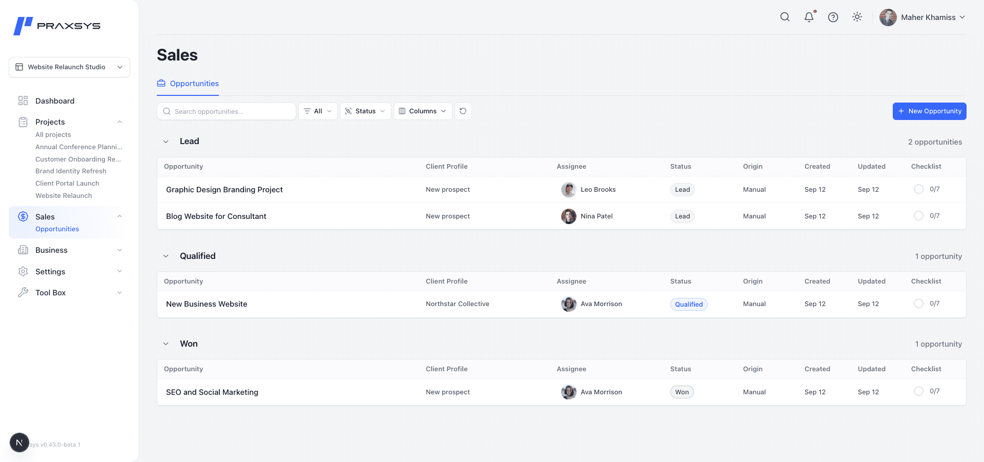 Sales Opportunities grouped into Lead, Qualified, and Won, with their associated clients, assignees, and statuses.